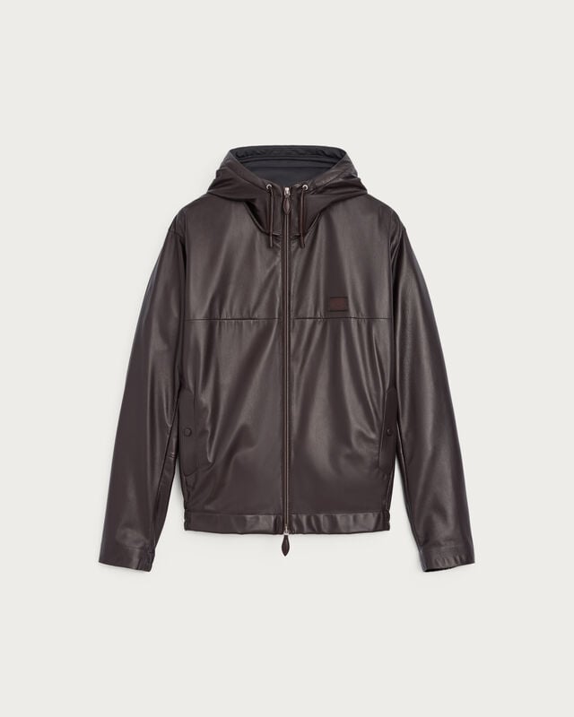 Ultralight Fly Leather Hooded Blouson, Chocolate Brown, hi-res