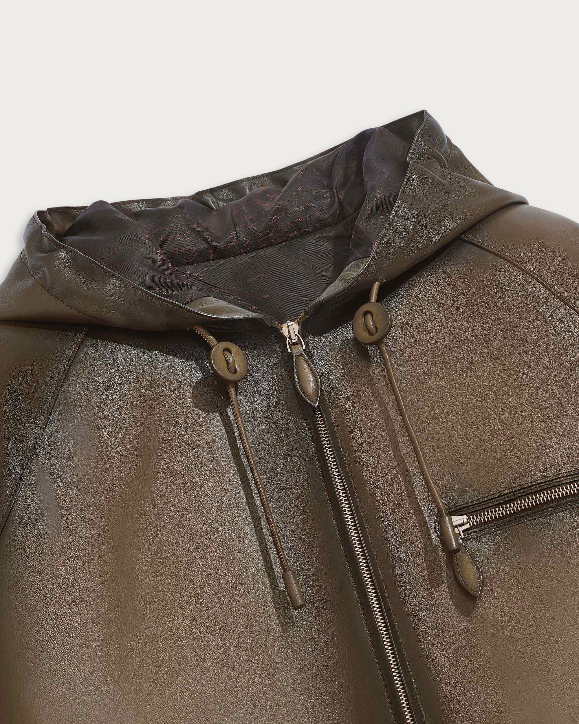 Leather Patina Un Jour Hooded Blouson, Dark Sepia, hi-res