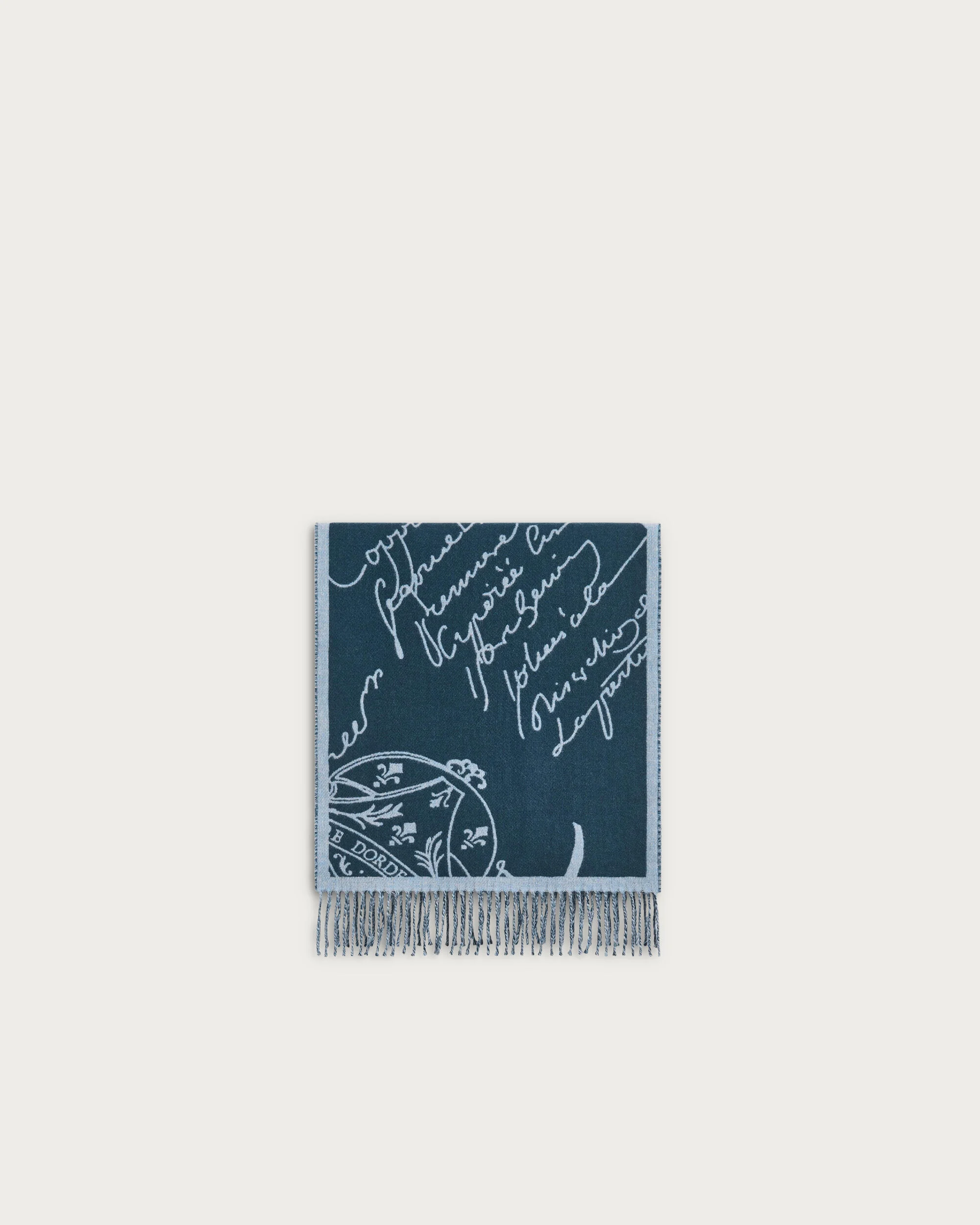 Double Face Herringbone and Scritto Scarf, TItanium Blue , hi-res