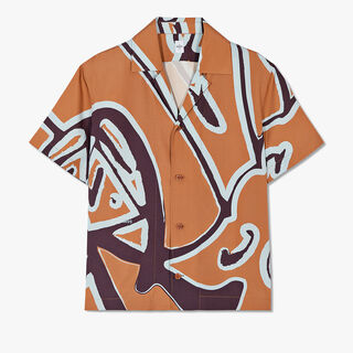 Short Sleeve Silk Shirt With Giant Scritto Print, CLAY ORANGE / PURPLE, hi-res