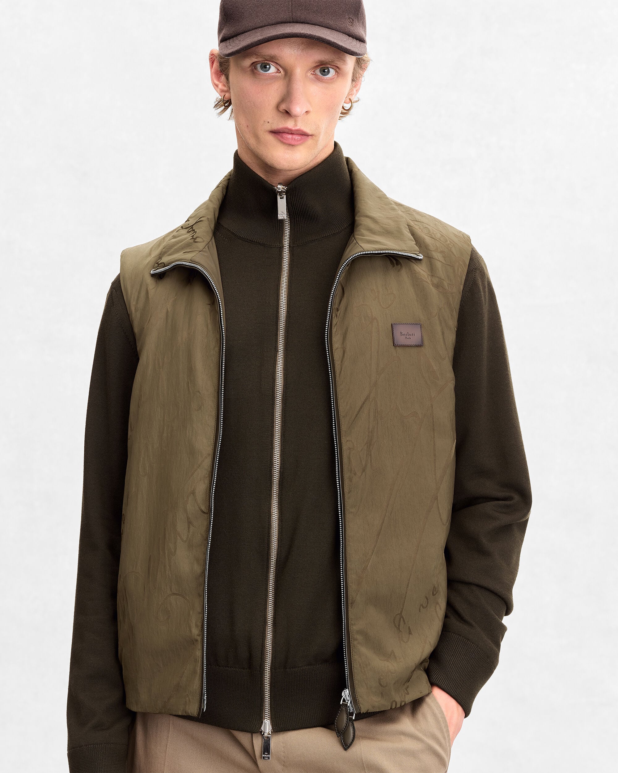 Scritto Pattern Gilet with Leather Details, Kaki, hi-res
