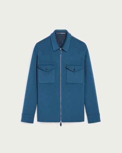 Double Face Zipped Overshirt with Leather Detail, Nile Blue & Internal Giant Scri, hi-res