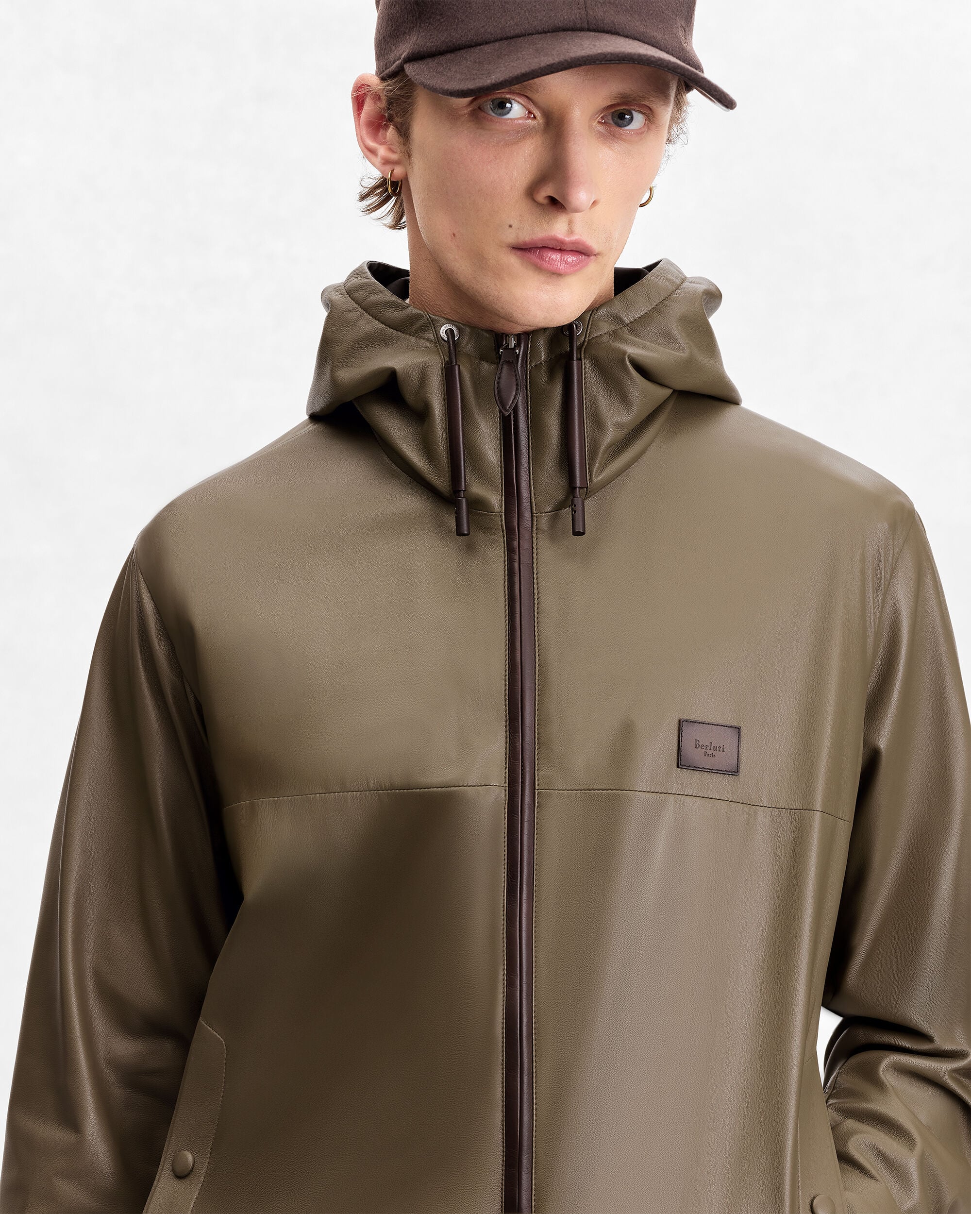 Ultralight Fly Leather Hooded Blouson, Kaki, hi-res