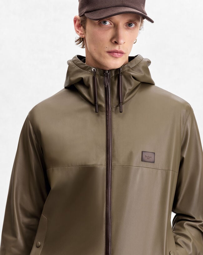 Ultralight Fly Leather Hooded Blouson, Kaki, hi-res