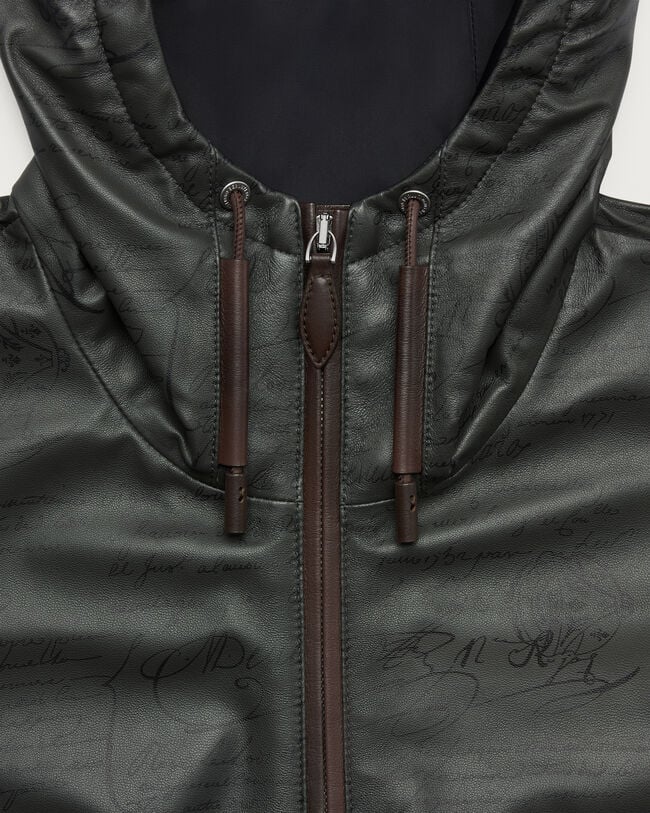 Ultralight Fly Scritto Pattern Leather Hooded Blouson, Graphite, hi-res