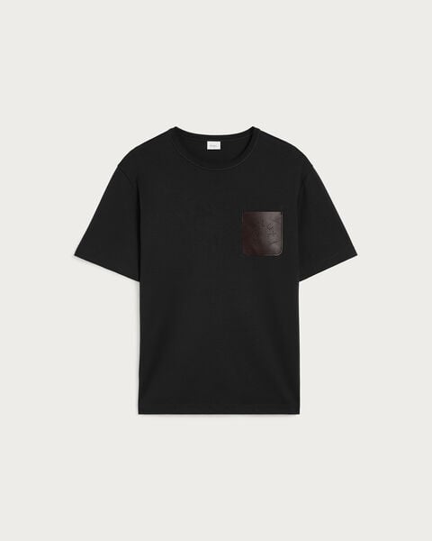 T-shirt with Leather Pocket, Noir, hi-res