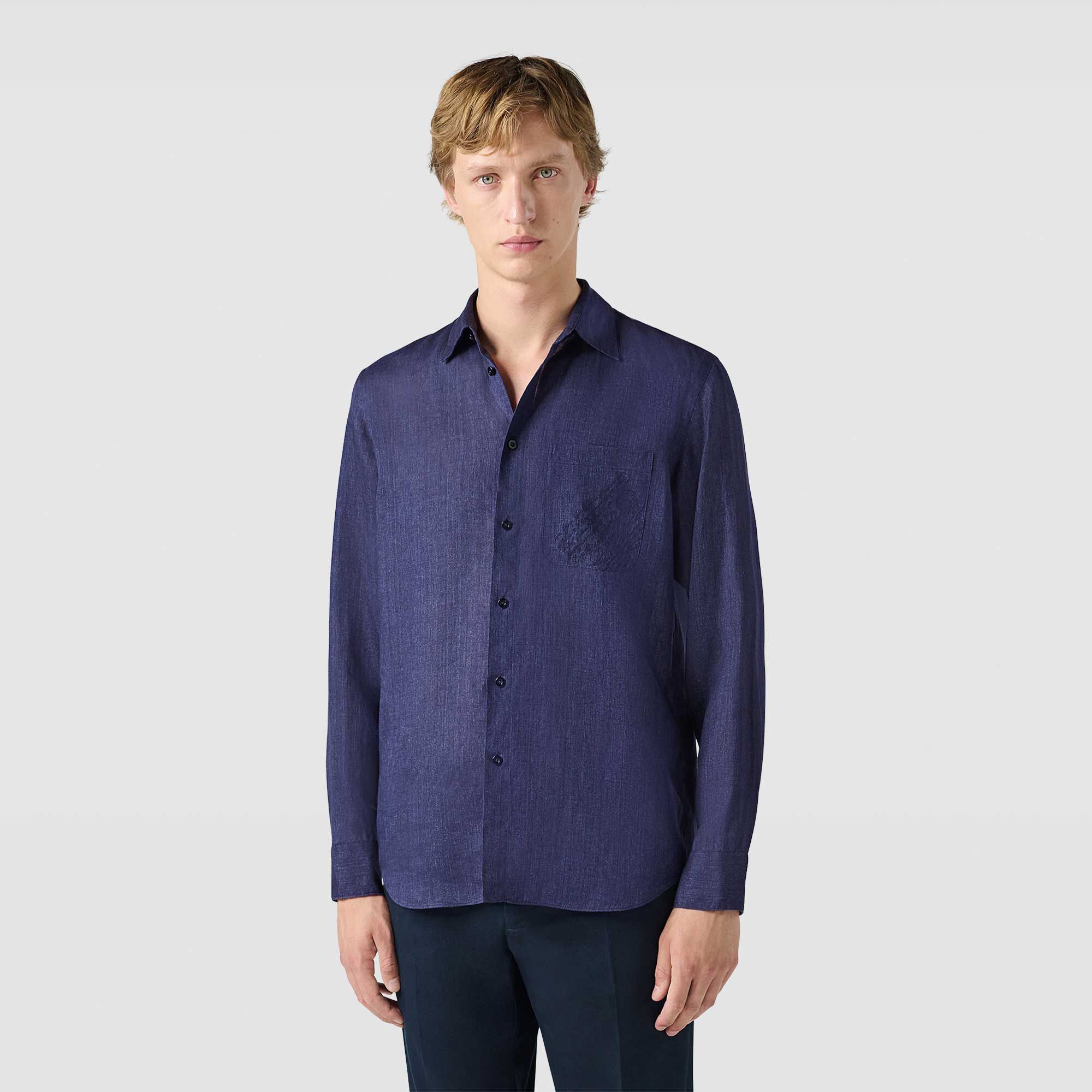 BELGIUM LINEN FABRICS」リネンコットンスタンドカラーシャツ