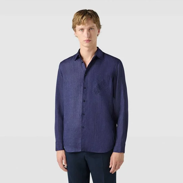 Linen Shirt With Scritto Pocket, INDIGO, hi-res 2