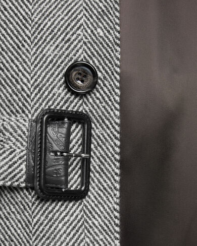 Herringbone Foresti&egrave;re Coat with Leather Details, Grey Melange, hi-res