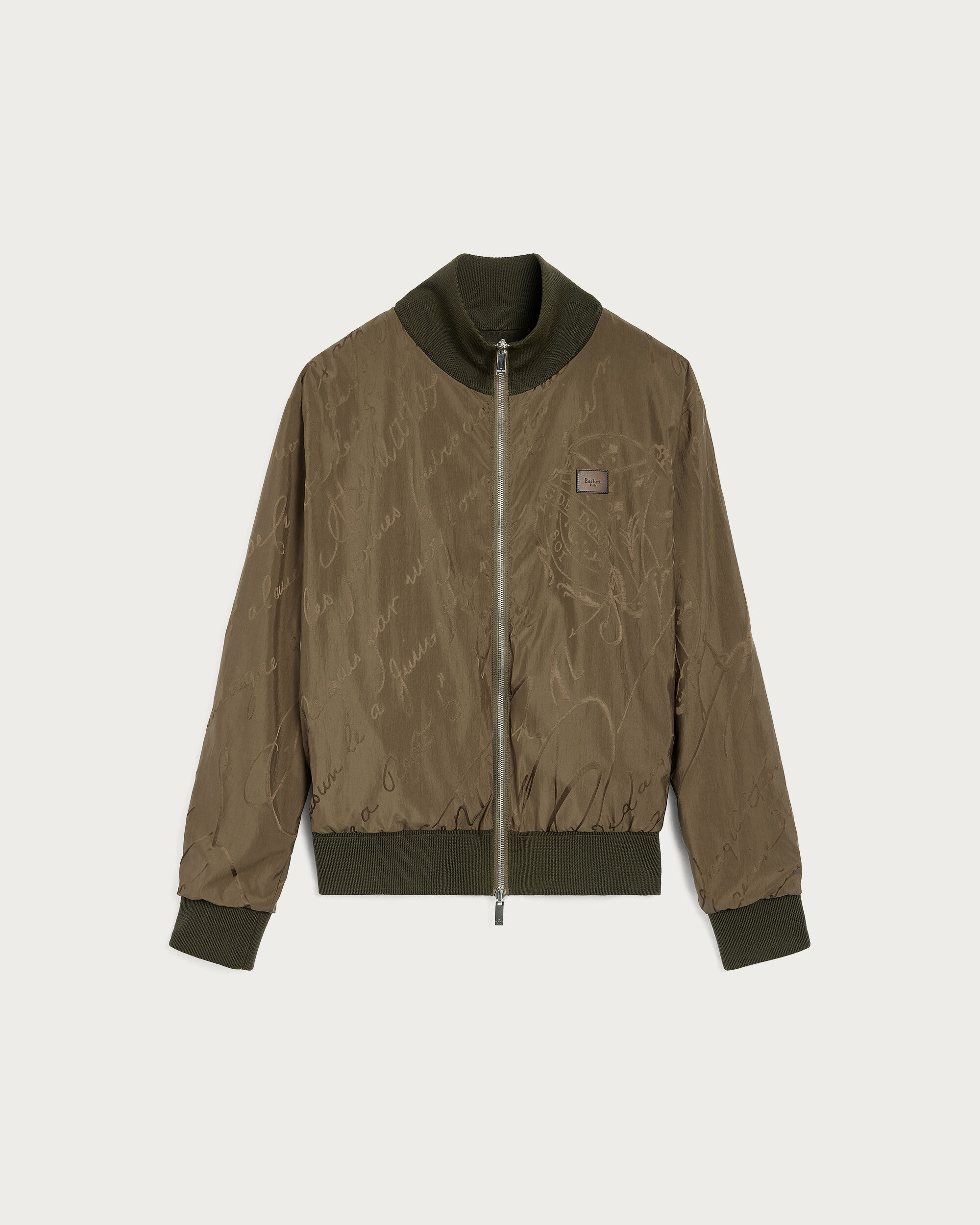 Reversible Scritto Pattern Blouson with Leather Detail, Kaki, hi-res