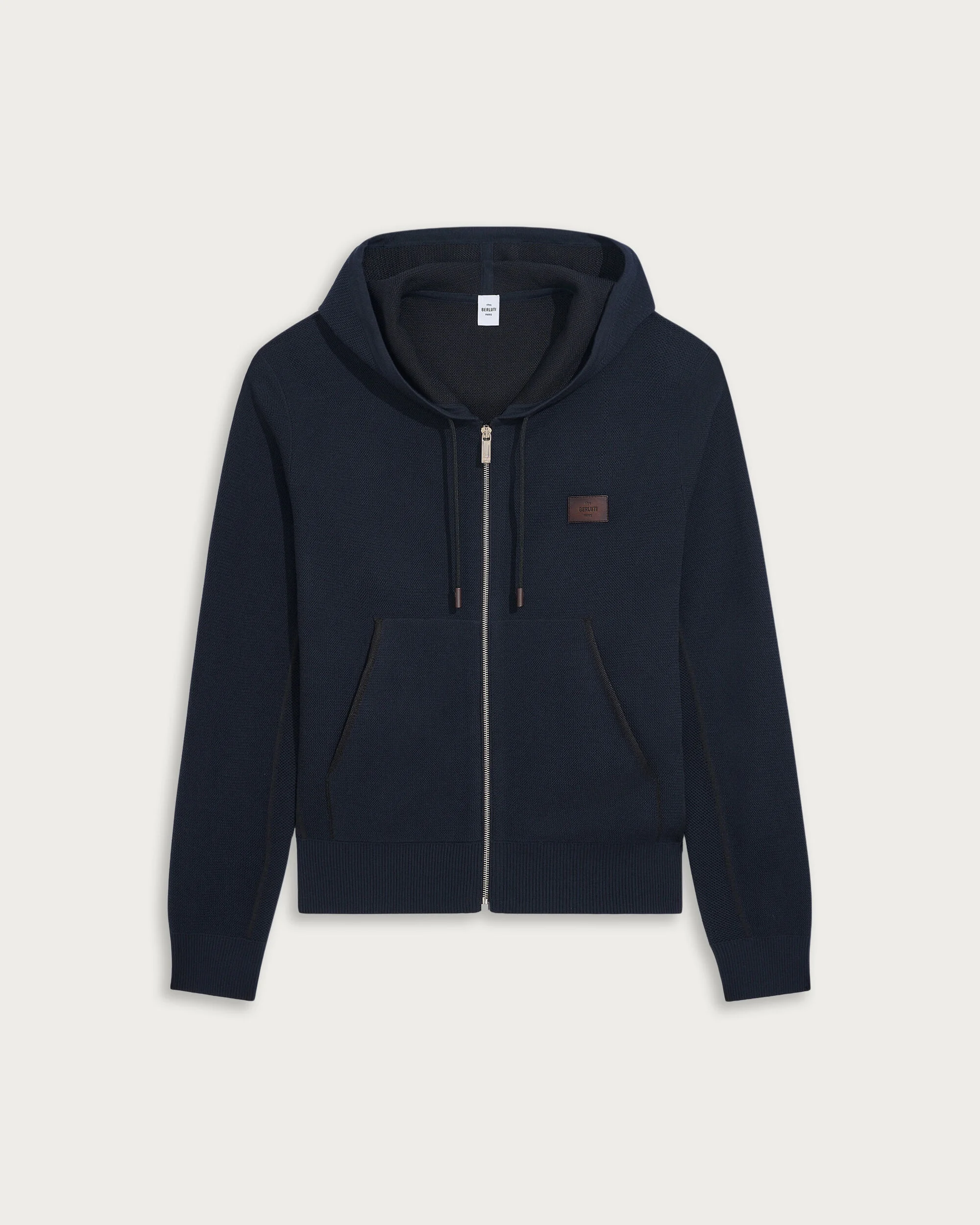 Shadow Zipped Hoodie with Leather Details, Navy, hi-res