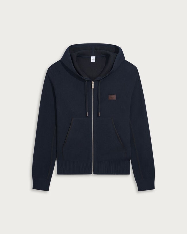 Shadow Zipped Hoodie with Leather Details, Navy, hi-res