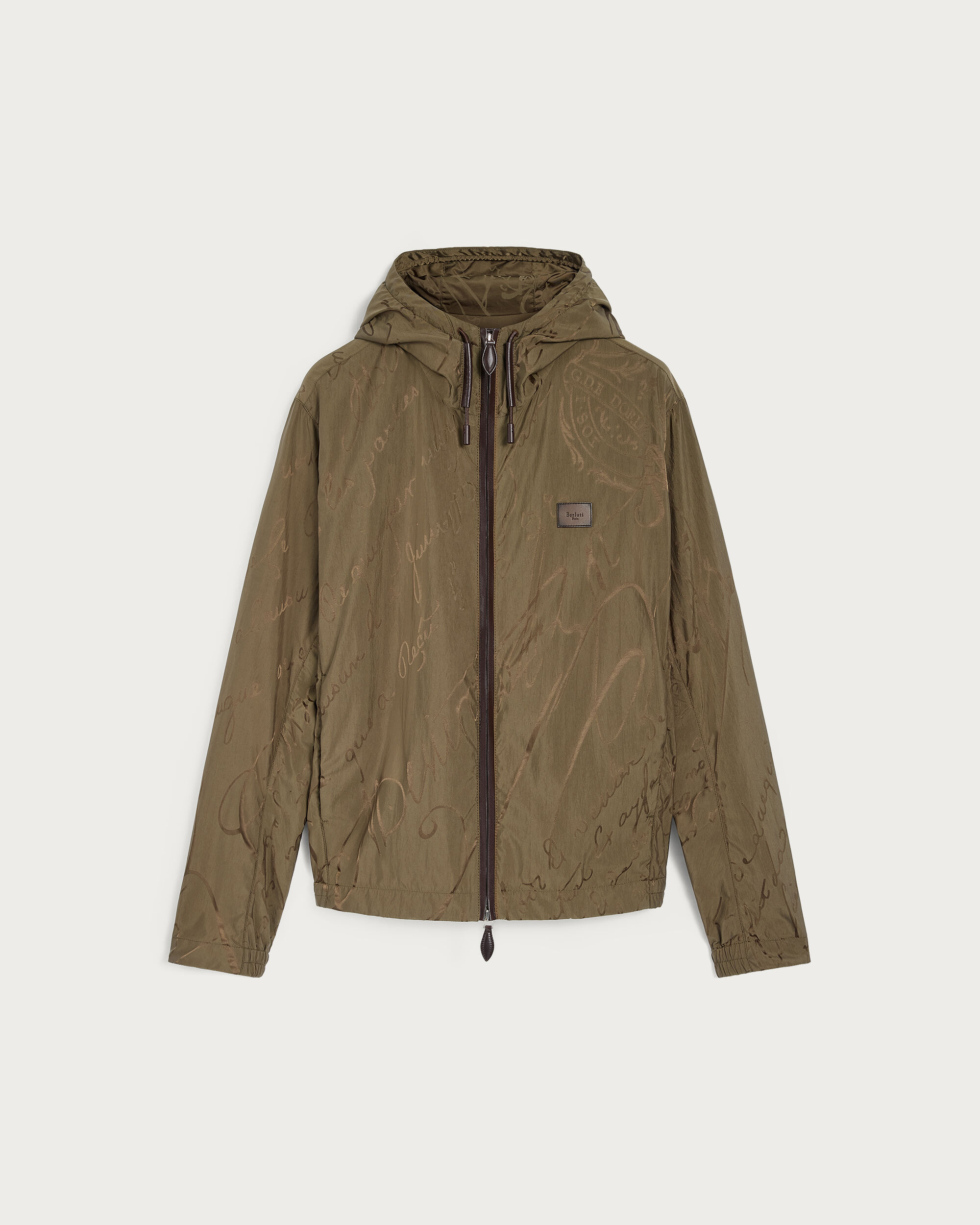 Scritto Pattern Hooded Blouson with Leather Details, Kaki, hi-res