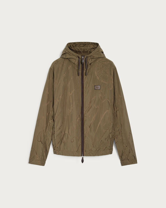 Scritto Pattern Hooded Blouson with Leather Details, Kaki, hi-res