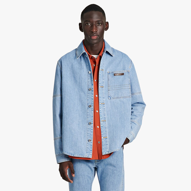Denim Overshirt With All-Over Scritto Inside, WHITE SNOW BLUE, hi-res 2
