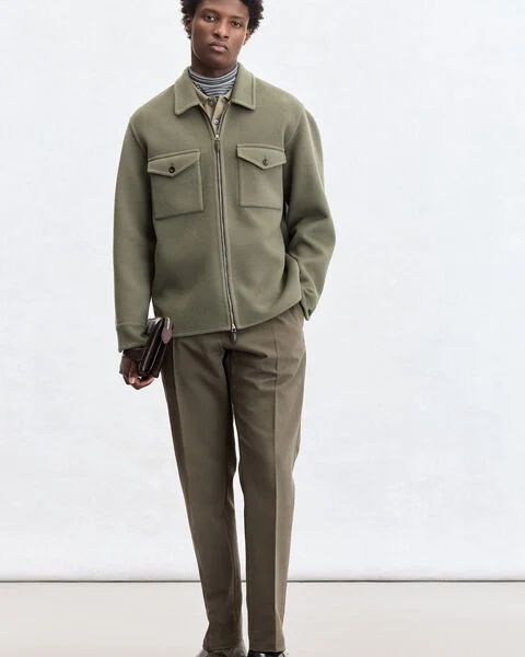 Double Face Zipped Overshirt with Leather Detail, Kaki & Internal Giant Scritto, hi-res