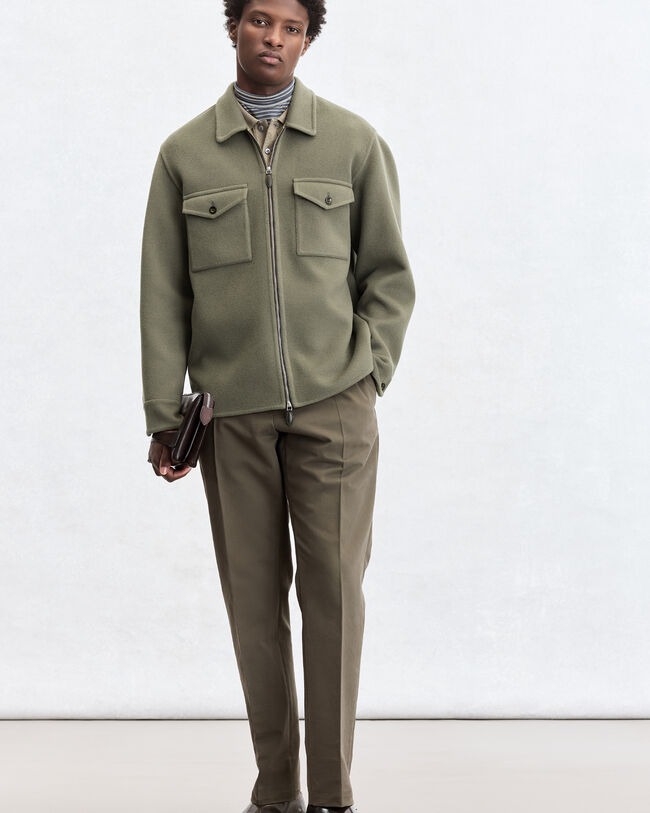 Double Face Zipped Overshirt with Leather Detail, Kaki & Internal Giant Scritto, hi-res