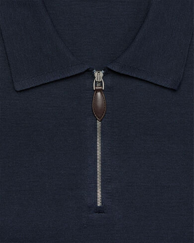 Long-Sleeves Polo with Leather Zip-Puller, Cold Night Blue, hi-res