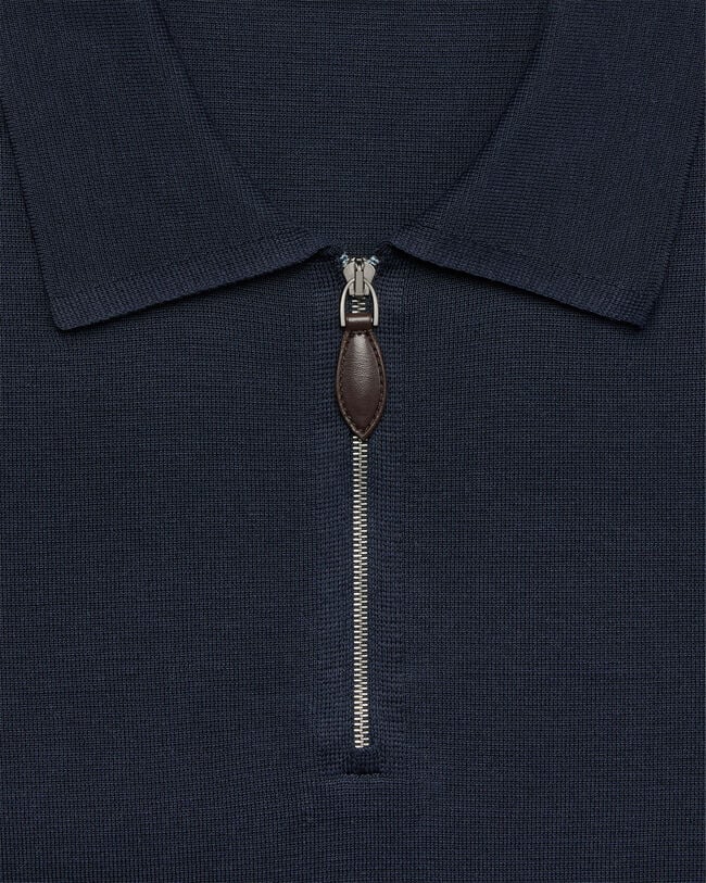 Polo &agrave; Manches Longues avec Tirette de zip en Cuir, Cold Night Blue, hi-res