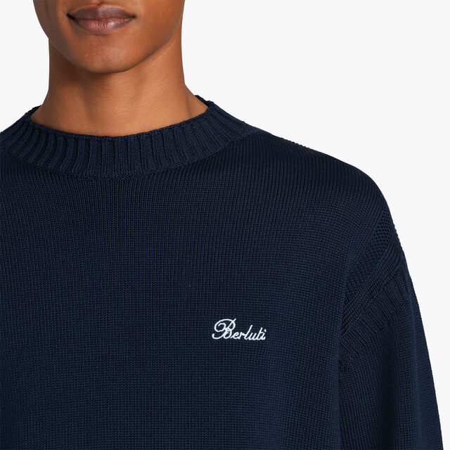 Cotton Sweater With Leather Logo Detail, PLEIADES BLUE, hi-res 5