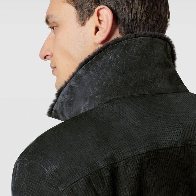 Corduroy Denim Jacket with Shearling Inside, ANTHRACITE, hi-res 5