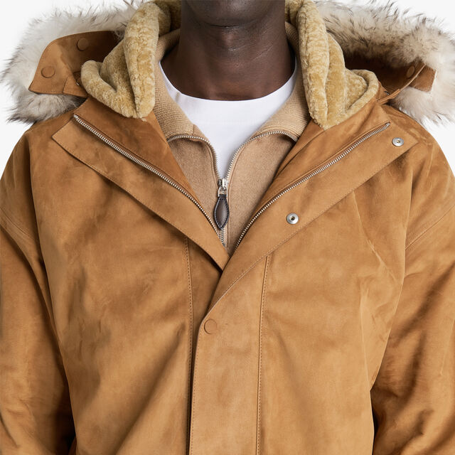 Nubuck Leather Parka With Shearling Hood, TOFFEE CAMEL, hi-res 5