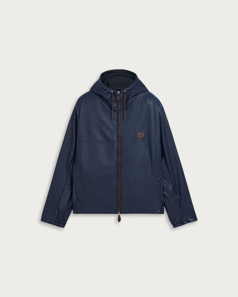 Ultralight Fly Leather Hooded Blouson, Marine, hi-res