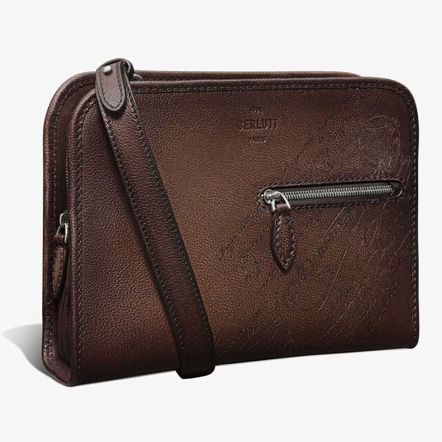 Journalier Trio Scritto图纹皮革邮差包, SOFT BROWN, hi-res 2