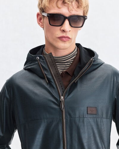 Ultralight Fly Scritto Pattern Leather Hooded Blouson, Mineral Blue, hi-res