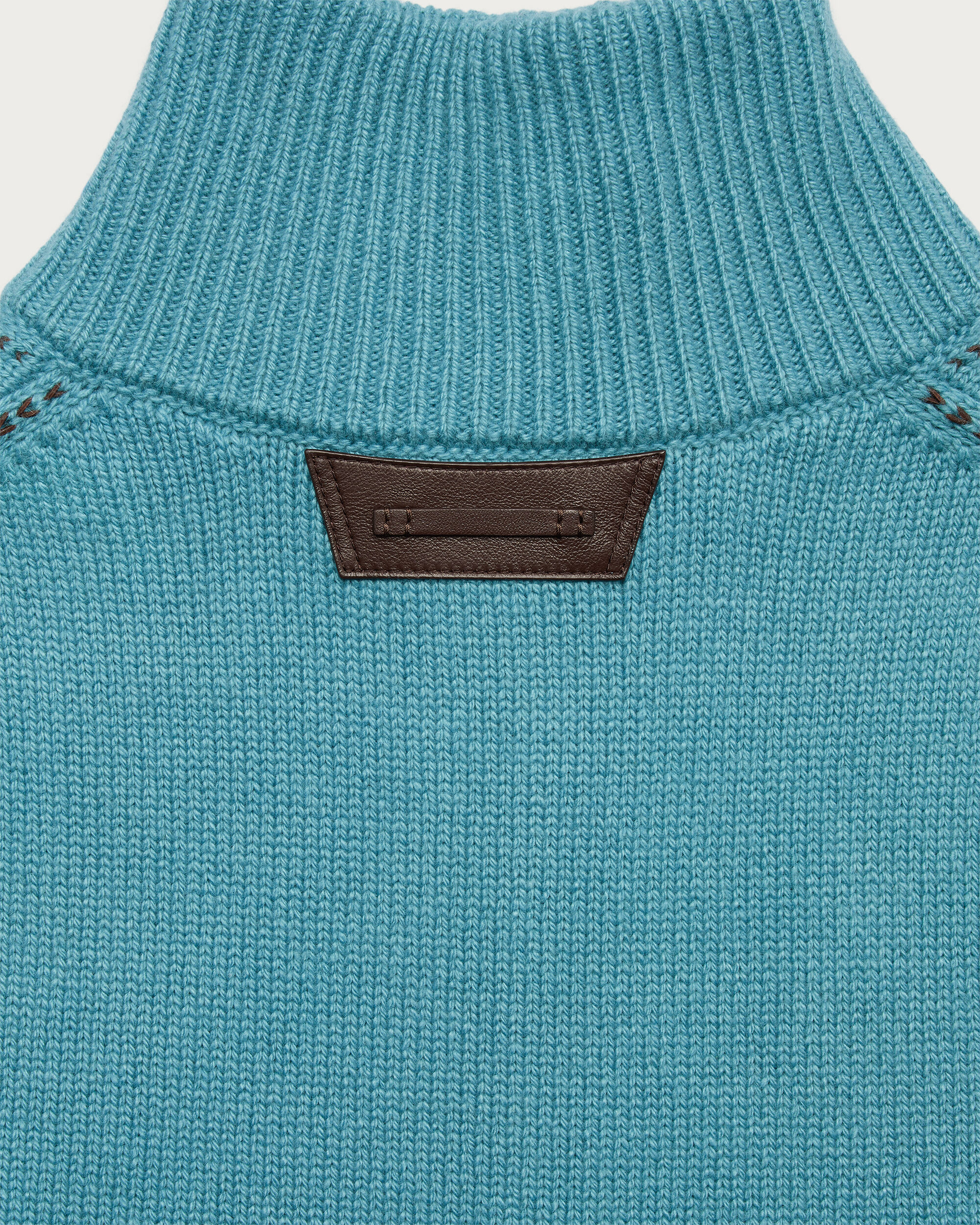 Cashmere Half-Zip with Leather Braiding Details, Teal Blue, Image 3