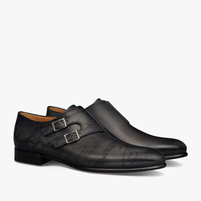 Patchwork Galet Scritto Leather Double Monk Shoe, NERO GRIGIO, hi-res 2