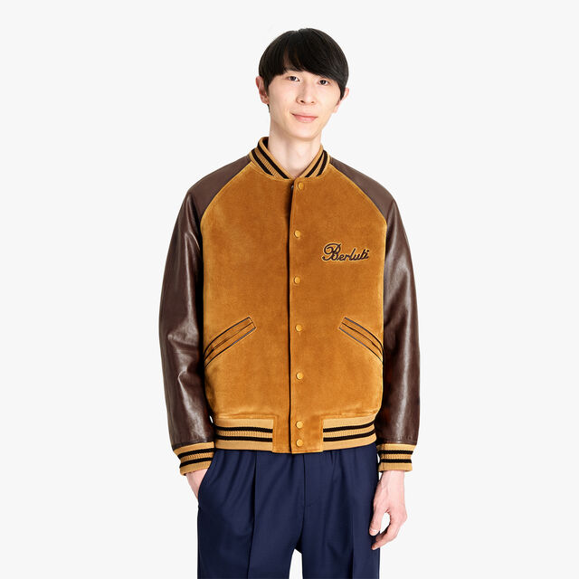 Suede Leather Varsity Jacket, CARAMEL, hi-res 2