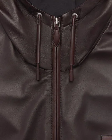 Blouson &agrave; Capuche en Cuir Fly Ultral&eacute;ger, Chocolate Brown, hi-res