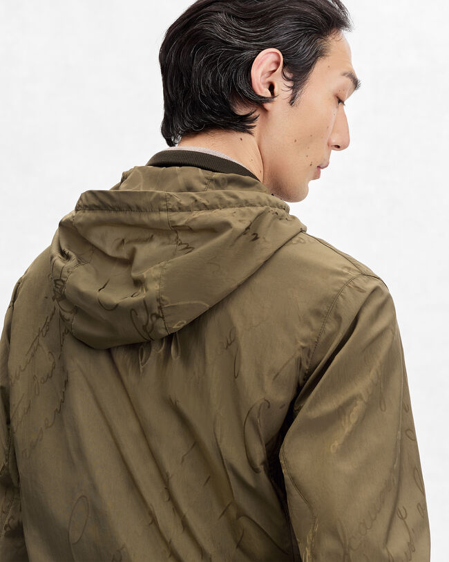 Scritto Pattern Hooded Blouson with Leather Details, Kaki, hi-res