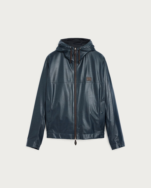 Ultralight Fly Scritto Pattern Leather Hooded Blouson, Mineral Blue, hi-res