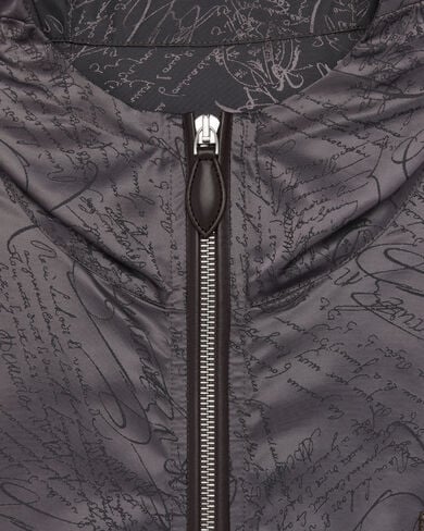 Scritto Pattern Hooded Blouson with Leather Details, Warm Grey, hi-res