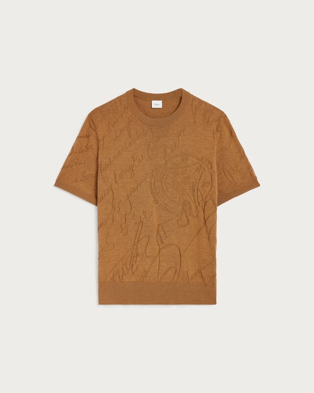 Diagonal Scritto Pattern Short-Sleeves Crewneck, Tobacco, hi-res
