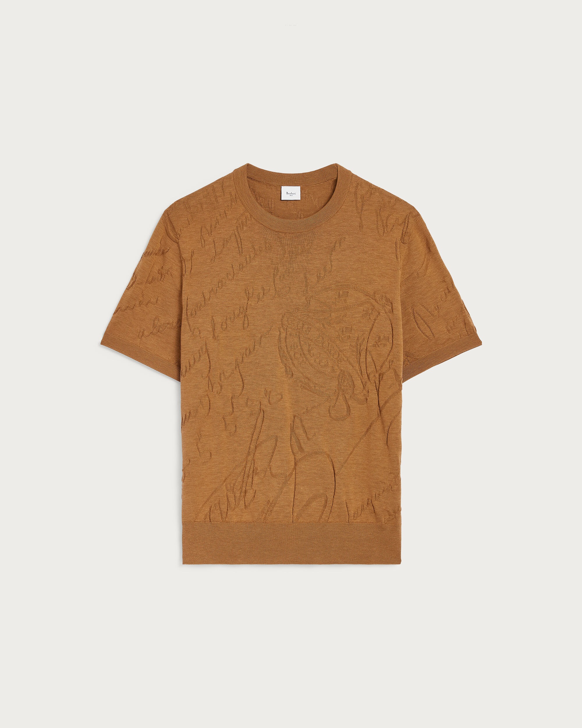 Diagonal Scritto Pattern Short-Sleeves Crewneck, Tobacco, hi-res