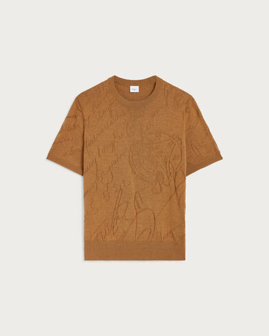 Diagonal Scritto Pattern Short-Sleeves Crewneck, Tobacco, hi-res