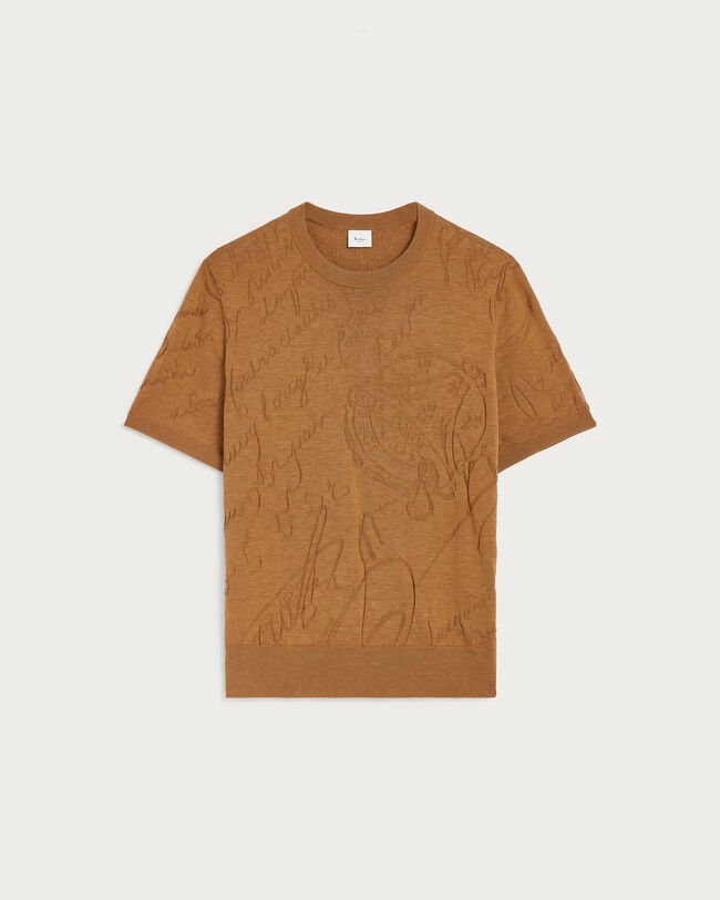 Diagonal Scritto Pattern Short-Sleeves Crewneck, Tobacco, hi-res