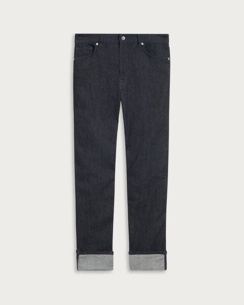 Straight Denim Pants with Leather Detail, Dark Indigo Denim, hi-res