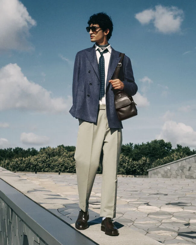 Relaxed Trousers with Leather Detail, Salvia, hi-res