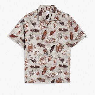 Linen And Cotton Printed Short Sleeves Shirt, ICONIC SUMMER BROWN, hi-res