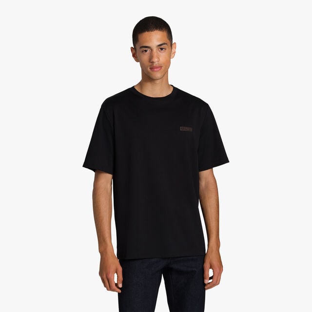 T-Shirt With Leather Detail, NOIR, hi-res 2