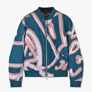 Nubuck Leather Bomber With Embroidered Silk Giant Scritto, BLUE EMERALD, hi-res