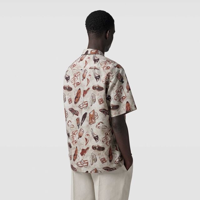Linen And Cotton Printed Short Sleeves Shirt, ICONIC SUMMER BROWN, hi-res 3