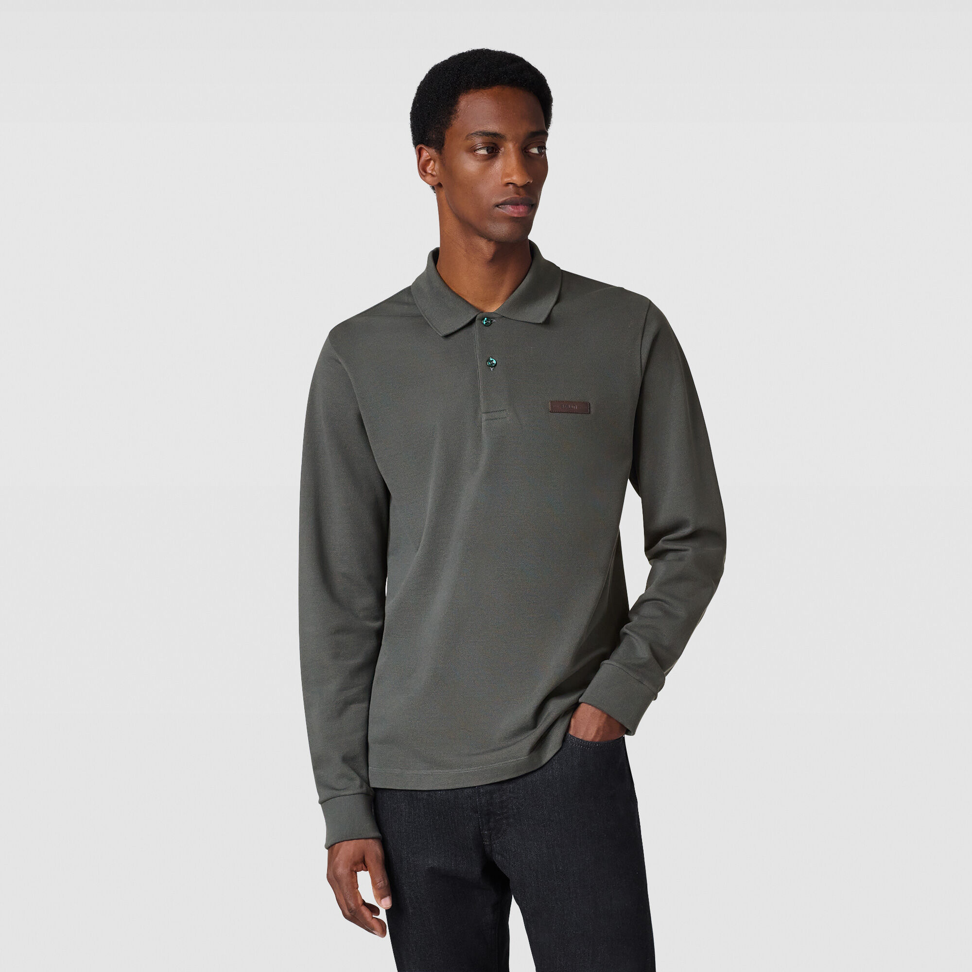 Classic Pique Leather Tab Long Sleeves Polo | Berluti US