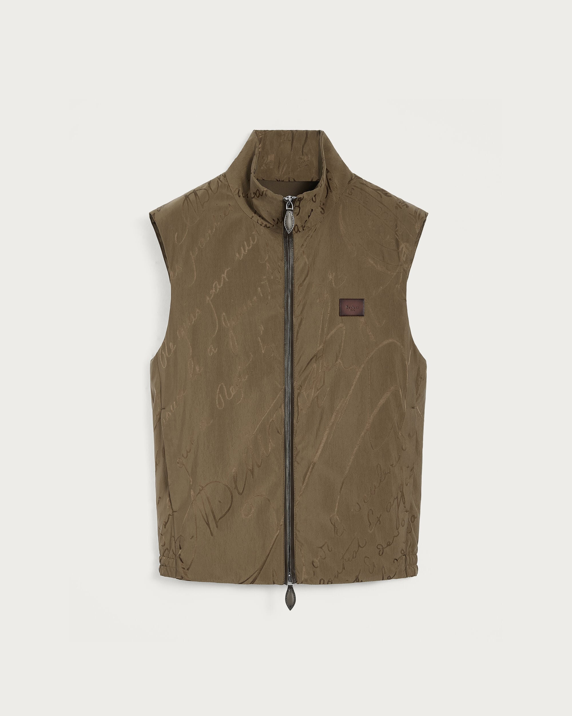 Scritto Pattern Gilet with Leather Details, Kaki, hi-res