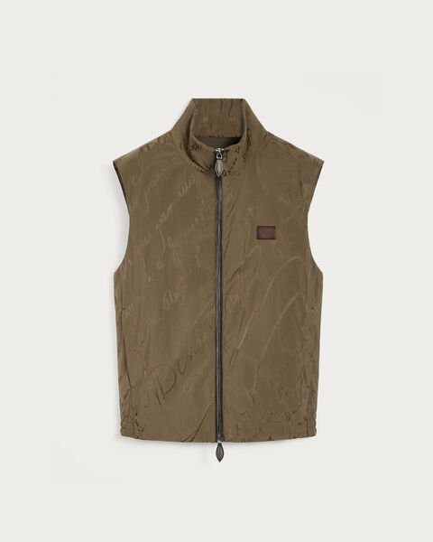 Scritto Pattern Gilet with Leather Details, Kaki, hi-res