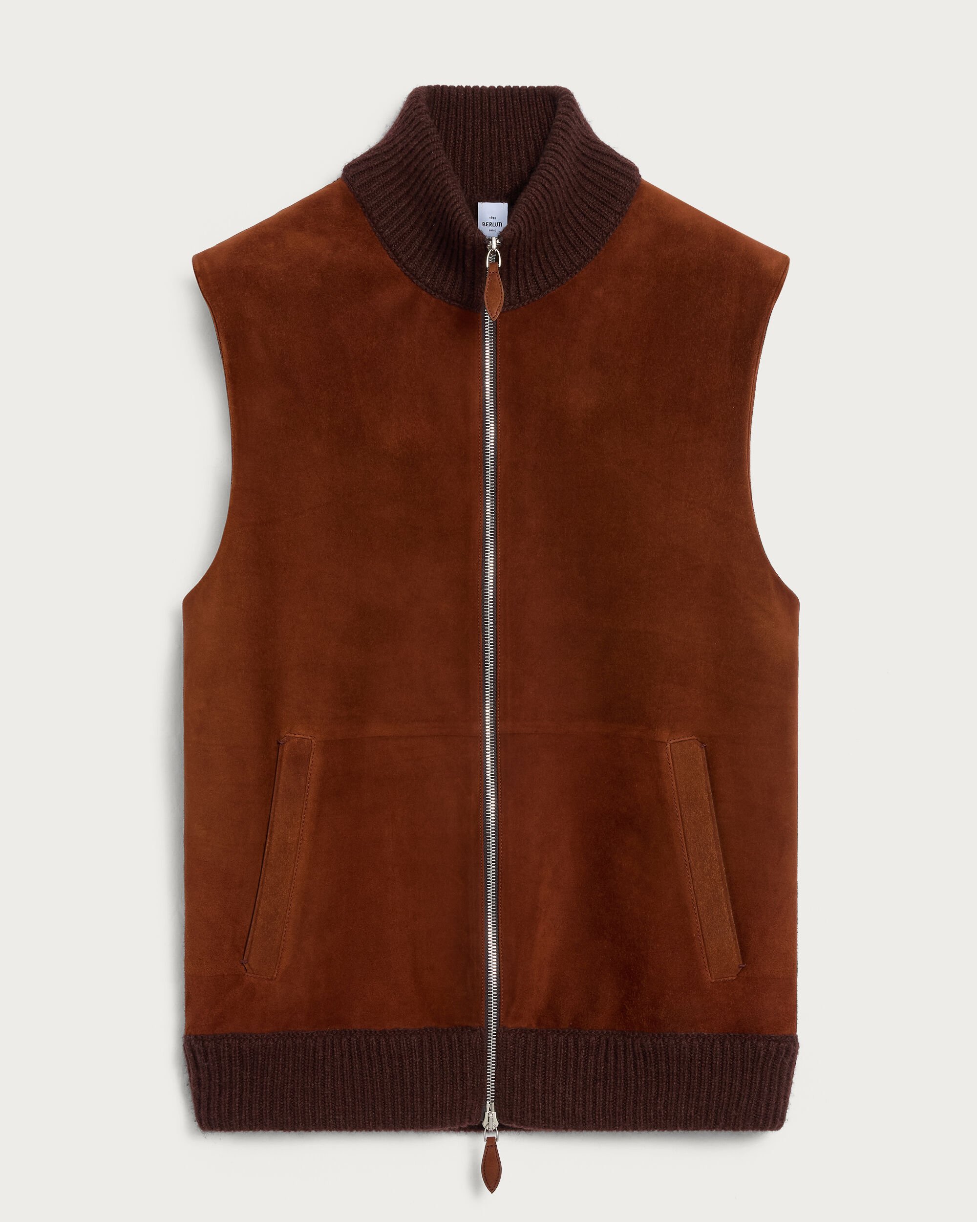 Gilet Mix Mati&egrave;re avec D&eacute;tails en Cuir, Chestnut, hi-res